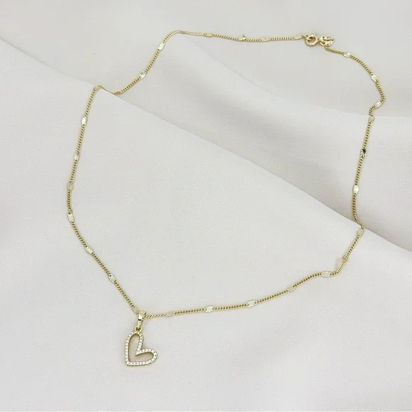 14K Gold Plated Asymmetric Heart Pendant Necklace w/ CZ Stones | Dainty Jewelry - Picture 7 of 14